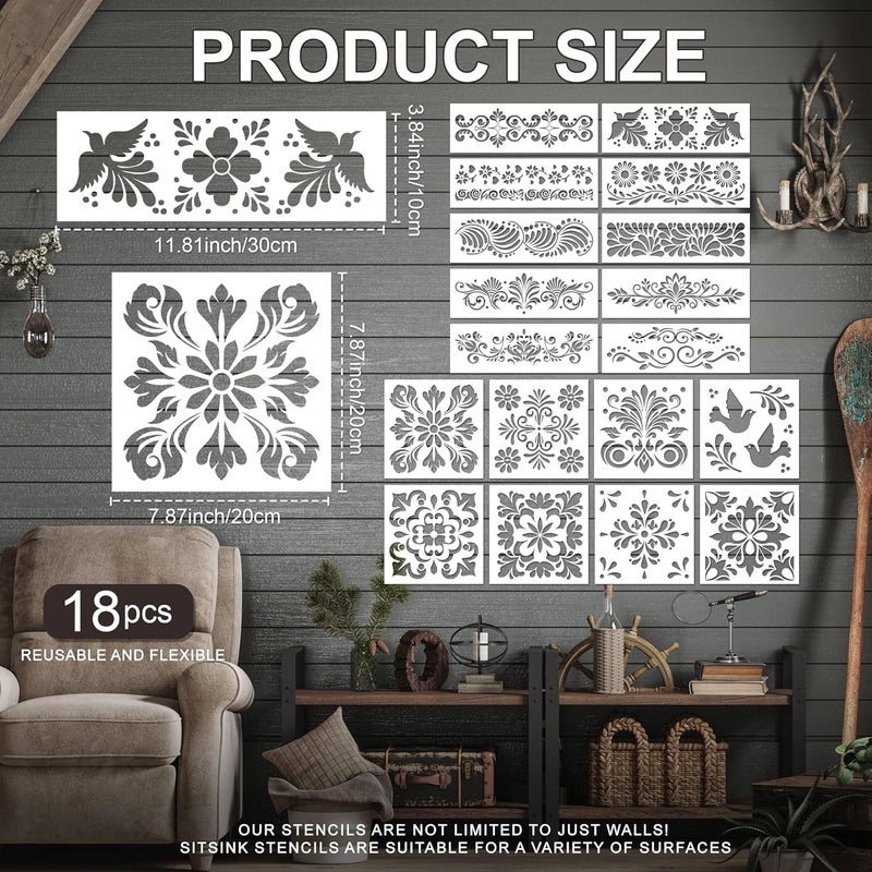 Sitsink Talavera Stencils for Painting - 18 Pcs Stencils for Painting on Wood Wall Border Template, Mexican Tile Painting Templates for Canvas Rock Furniture Door Mat Home Décor - Image 3